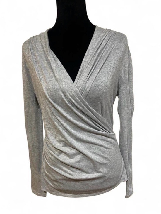 Ann Taylor Tops - Ann Taylor Shimmery Silver Long-Sleeve Faux-Wrap Blouse